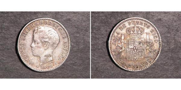 10 Сентаво Пуерто-Ріко Срібло Alfonso XIII of Spain (1886 - 1941)