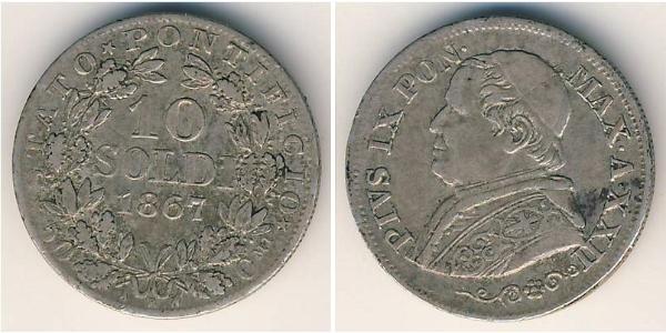 10 Сольдо Папська держава (752-1870) Срібло Пій IX (1792- 1878)