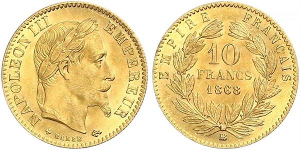 10 Франк Вторая французская империя (1852-1870) Золото Наполеон III Бонапарт (1808-1873)