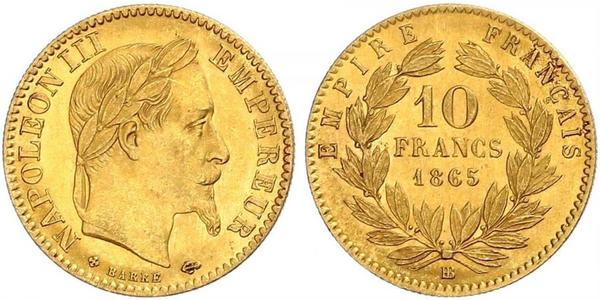 10 Франк Вторая французская империя (1852-1870) Золото Наполеон III Бонапарт (1808-1873)