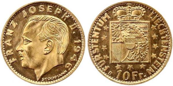 10 Франк Лихтенштейн Золото Franz Joseph II, Prince of Liechtenstein (1938 - 1989) 