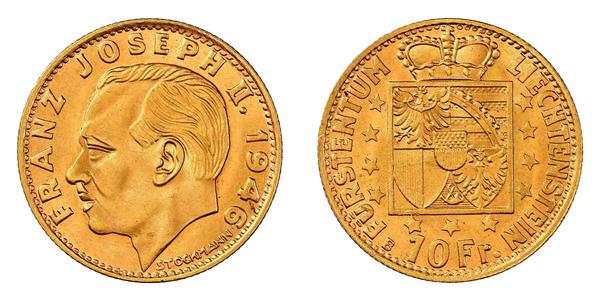 10 Франк Лихтенштейн Золото Franz Joseph II, Prince of Liechtenstein (1938 - 1989) 