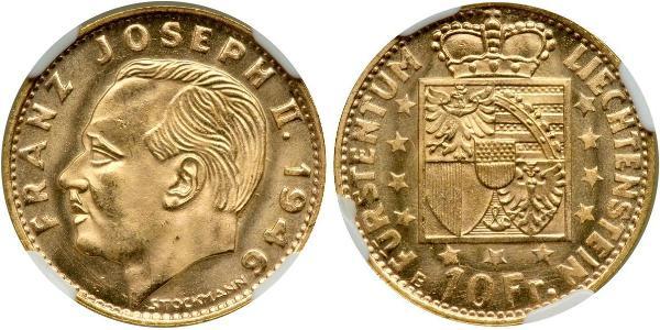10 Франк Лихтенштейн Золото Franz Joseph II, Prince of Liechtenstein (1938 - 1989) 