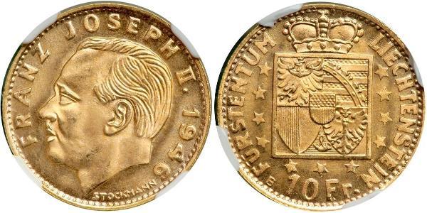 10 Франк Лихтенштейн Золото Franz Joseph II, Prince of Liechtenstein (1938 - 1989) 