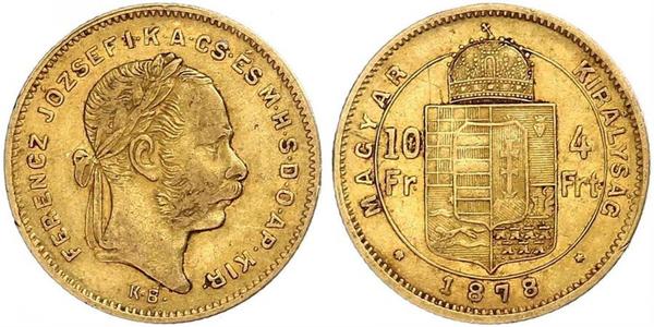 10 Франк / 4 Форинт Австро-Венгрия (1867-1918) Золото Франц Иосиф I (1830 - 1916)