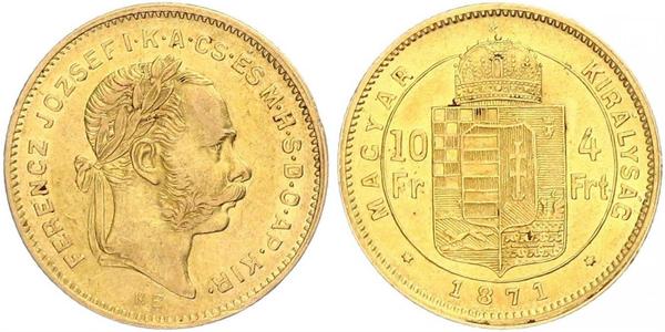 10 Франк / 4 Форинт Австро-Венгрия (1867-1918) Золото Франц Иосиф I (1830 - 1916)
