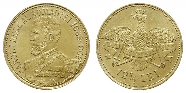 12.5 Leu Reino de Rumanía (1881-1947) Oro Carlos I de Rumania (1839 - 1914)
