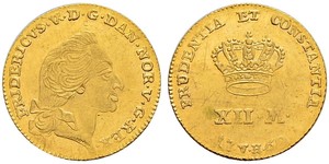 12 Mark Danimarca-Norvegia (1536-1814) Oro Federico V di Danimarca (1723 - 1766)