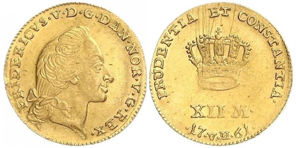 12 Mark Danimarca-Norvegia (1536-1814) Oro Federico V di Danimarca (1723 - 1766)