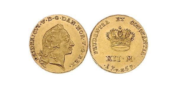 12 Mark Reino de Dinamarca y Noruega (1536-1814) Oro Federico V de Dinamarca (1723 - 1766)