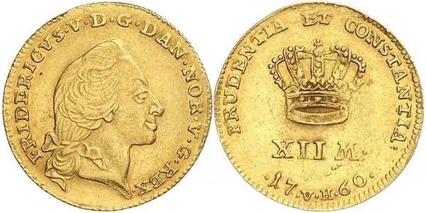 12 Марка Датско-норвежское королевство (1536-1814) Золото Frederick V of Denmark (1723 - 1766)