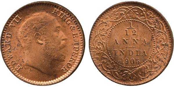 1/12 Anna Raj Británico (1858-1947) Bronce 