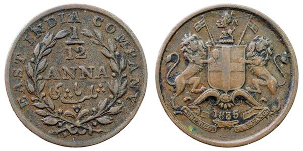 1/12 Anna Compañía Británica de las Indias Orientales (1757-1858) / India Cobre 