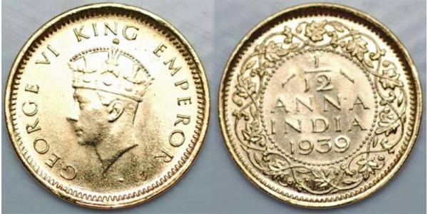 1/12 Anna British Raj (1858-1947) Copper George VI (1895-1952)