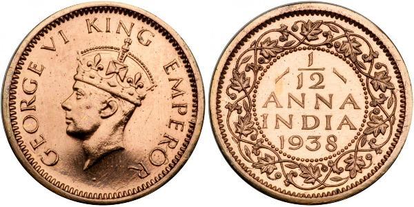 1/12 Anna British Raj (1858-1947) Copper George VI (1895-1952)