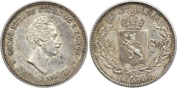 1/2 Daler Norvège Argent Oscar Ier de Suède (1799-1859)