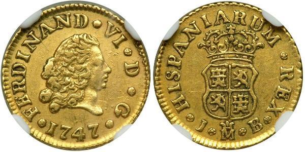 1/2 Escudo Impero spagnolo (1700 - 1808) Oro Ferdinando VI di Spagna (1713-1759)
