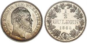 1/2 Gulden Regno di Württemberg (1806-1918) Argento Carlo di Württemberg