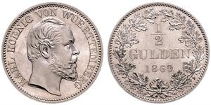 1/2 Gulden Regno di Württemberg (1806-1918) Argento Carlo di Württemberg