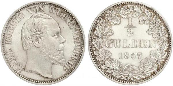 1/2 Gulden Regno di Württemberg (1806-1918) Argento Carlo di Württemberg