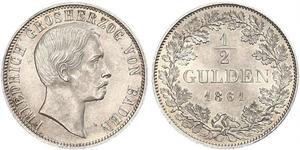 1/2 Gulden Gran Ducado de Baden (1806-1918) Plata Federico I de Baden (1826 - 1907)