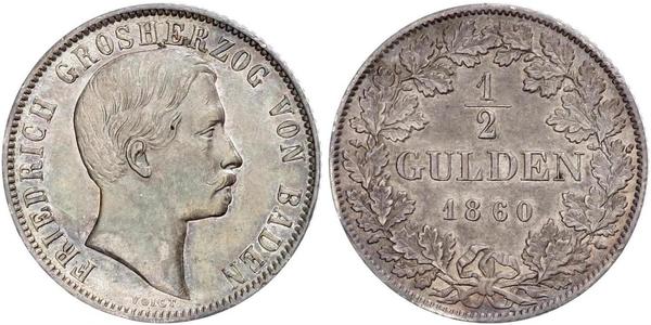 1/2 Gulden Grand Duchy of Baden (1806-1918) Silver Frederick I, Grand Duke of Baden (1826 - 1907)