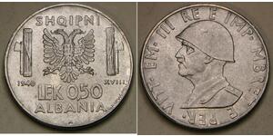 1/2 Lek 阿尔巴尼亚王国 (1939年－1943年) (1939 - 1943) Stainless steel 维托里奥·埃马努埃莱三世 (1869 - 1947)