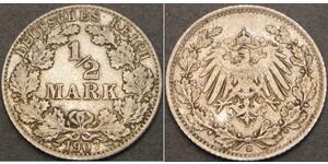 1/2 Mark Empire allemand (1871-1918) Argent 