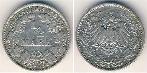 1/2 Mark Imperio alemán (1871-1918) Plata 