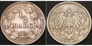 1/2 Mark Imperio alemán (1871-1918) Plata 