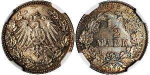 1/2 Mark Imperio alemán (1871-1918) Plata 