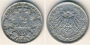 1/2 Mark Imperio alemán (1871-1918) Plata 