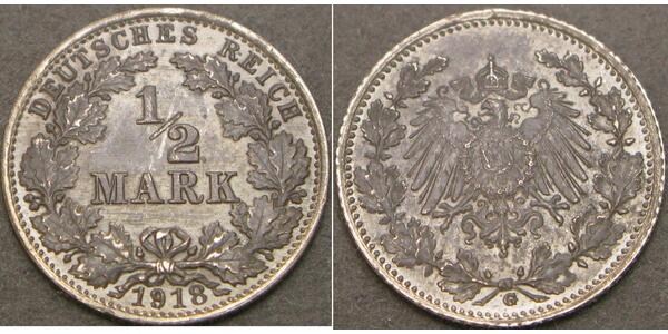 1/2 Mark Imperio alemán (1871-1918) Plata 