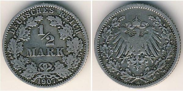 1/2 Mark Imperio alemán (1871-1918) Plata 