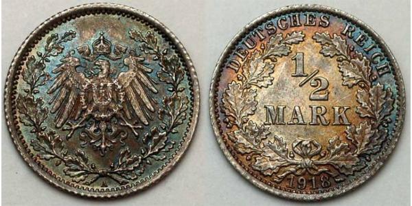 1/2 Mark Imperio alemán (1871-1918) Plata 
