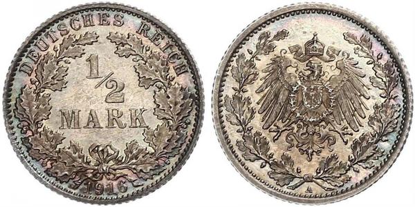 1/2 Mark Imperio alemán (1871-1918) Plata 