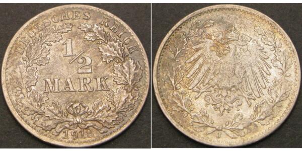 1/2 Mark Imperio alemán (1871-1918) Plata 