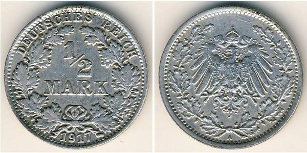 1/2 Mark Imperio alemán (1871-1918) Plata 