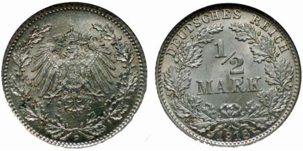 1/2 Mark German Empire (1871-1918) Silver 