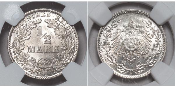 1/2 Mark 德意志帝國 (1871 - 1918) 銀 