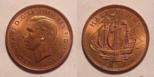1/2 Penny Feriind Kiningrik (1922-) Bronze George VI (1895-1952)