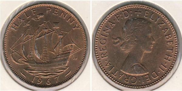1/2 Penny Feriind Kiningrik (1922-) Bronze Elizabeth II (1926-2022)