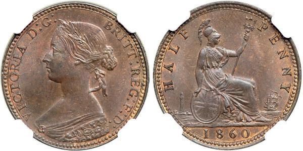 1/2 Penny Regno Unito  Rame Vittoria (1819 - 1901)