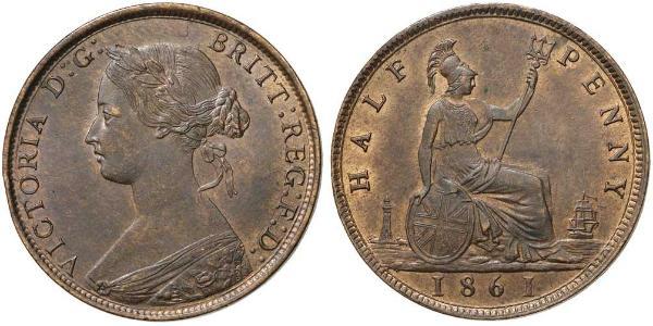 1/2 Penny Regno Unito  Rame Vittoria (1819 - 1901)