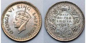 1/2 Rupee 英属印度 (1858 - 1947) Billon 乔治六世 (1895-1952)