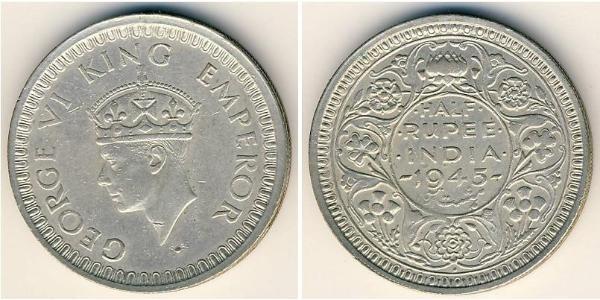 1/2 Rupee 英属印度 (1858 - 1947) Billon 乔治六世 (1895-1952)