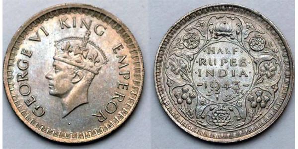 1/2 Rupee 英属印度 (1858 - 1947) Billon 乔治六世 (1895-1952)