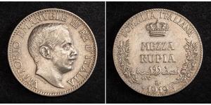 1/2 Rupee 意大利王國 (1861-1946) 銀 维托里奥·埃马努埃莱三世 (1869 - 1947)