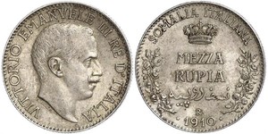 1/2 Rupee 意大利王國 (1861-1946) 銀 维托里奥·埃马努埃莱三世 (1869 - 1947)