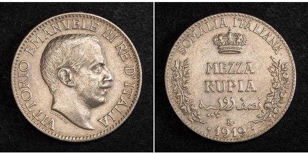 1/2 Rupee 意大利王國 (1861-1946) 銀 维托里奥·埃马努埃莱三世 (1869 - 1947)